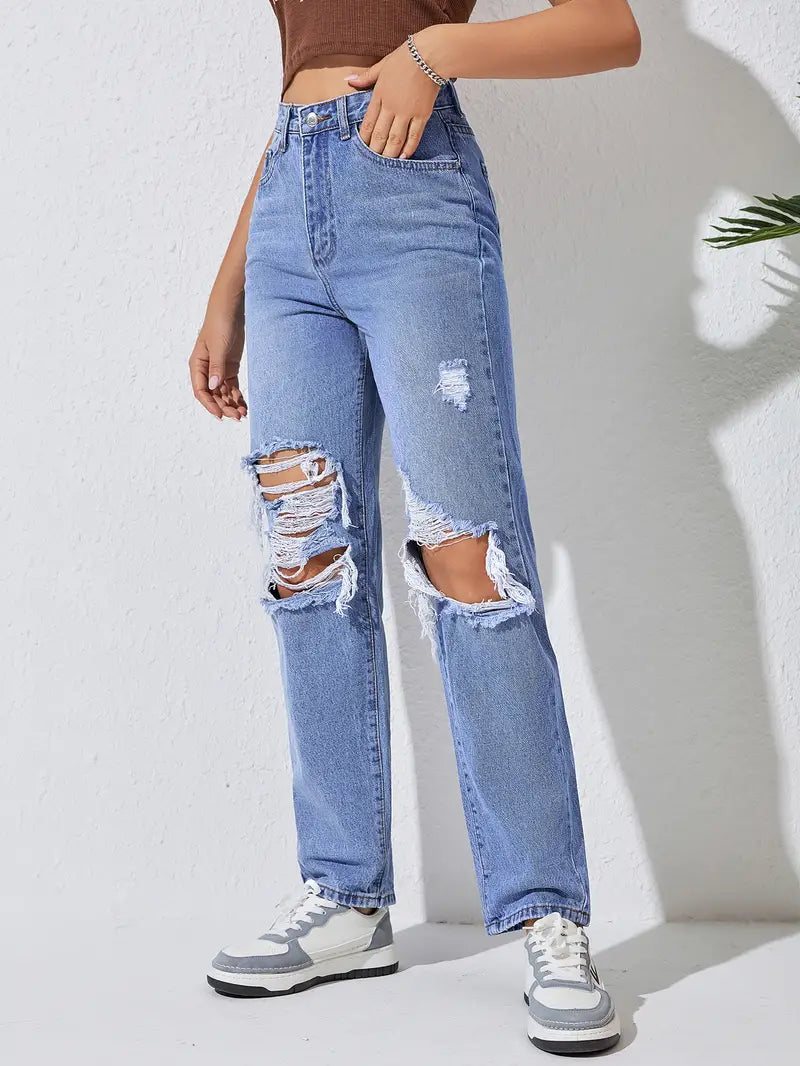 High Waist Ripped Straight Jeans for Women