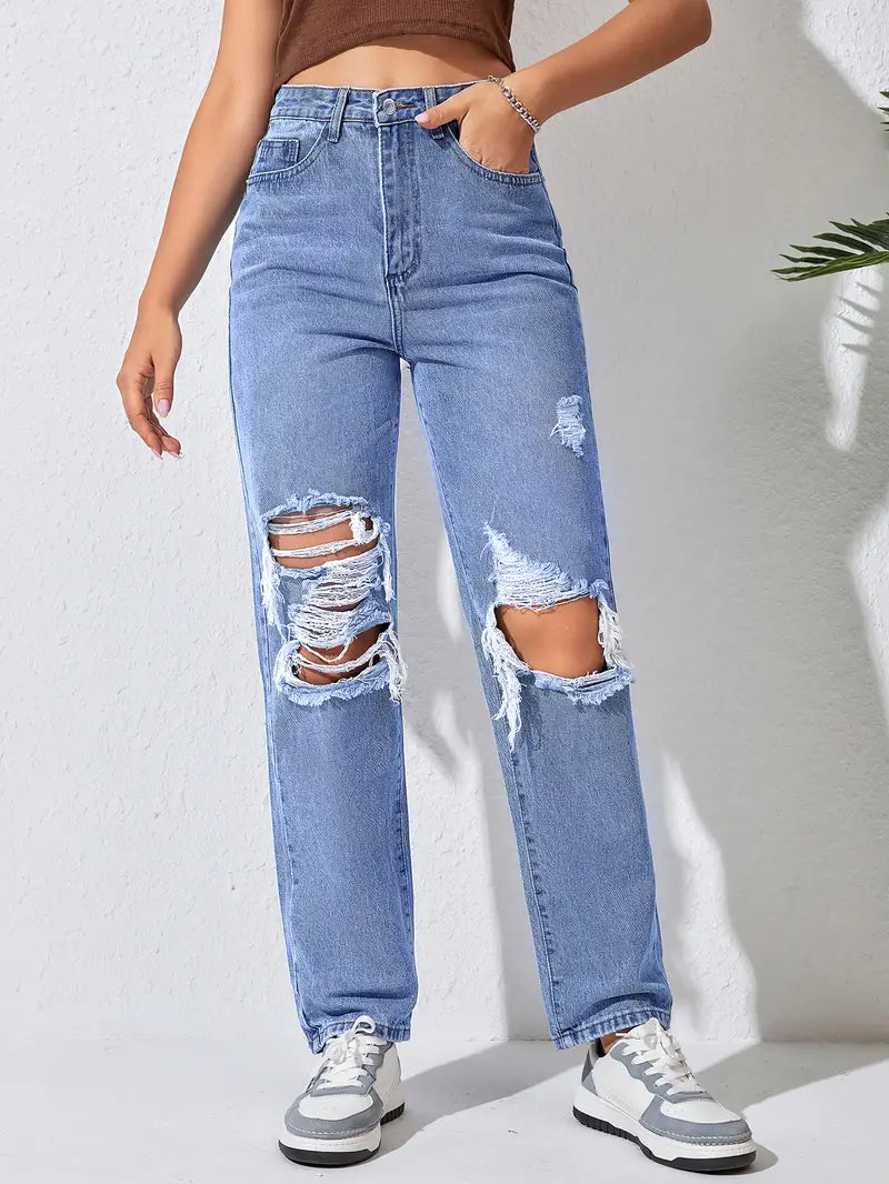 High Waist Ripped Straight Jeans for Women