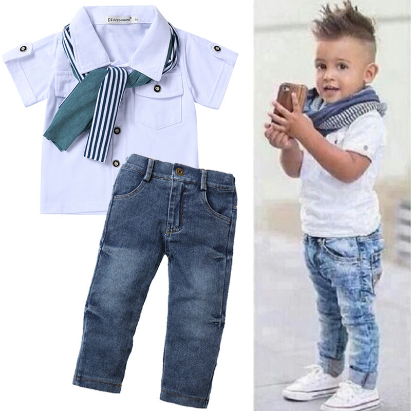 Boys' Summer Casual 3-Piece Set: T-Shirt, Scarf, Jeans