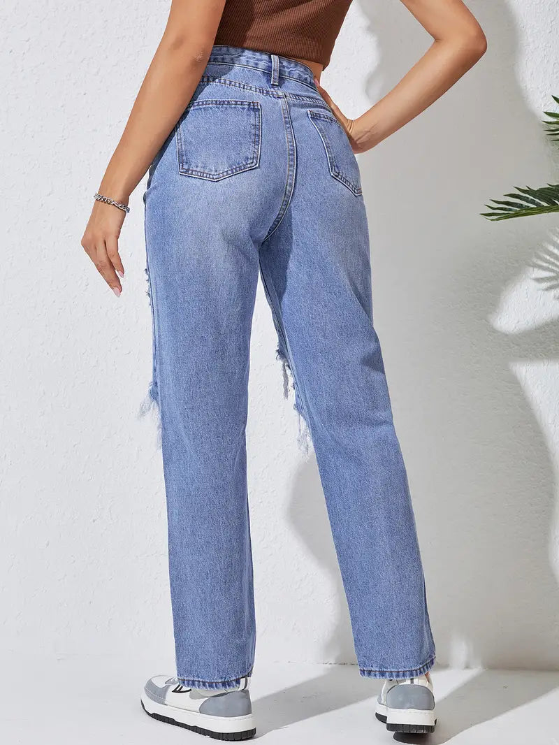 High Waist Ripped Straight Jeans for Women