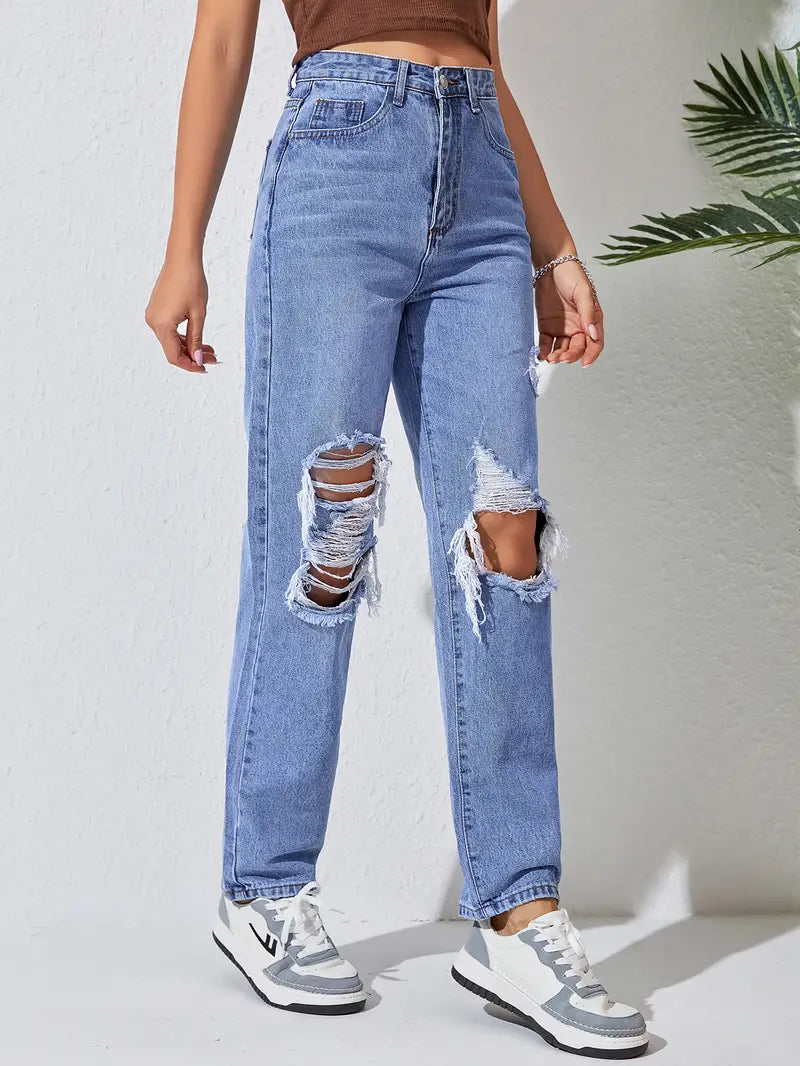 High Waist Ripped Straight Jeans for Women