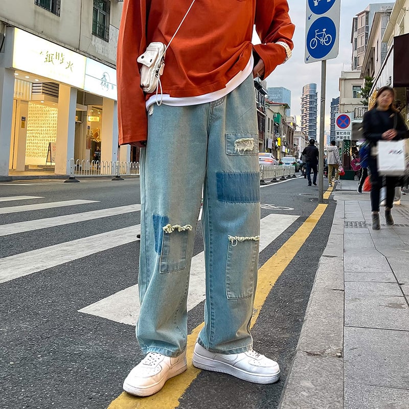 Loose Straight Leg Ripped Jeans for Men
