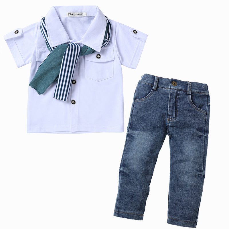 Boys' Summer Casual 3-Piece Set: T-Shirt, Scarf, Jeans