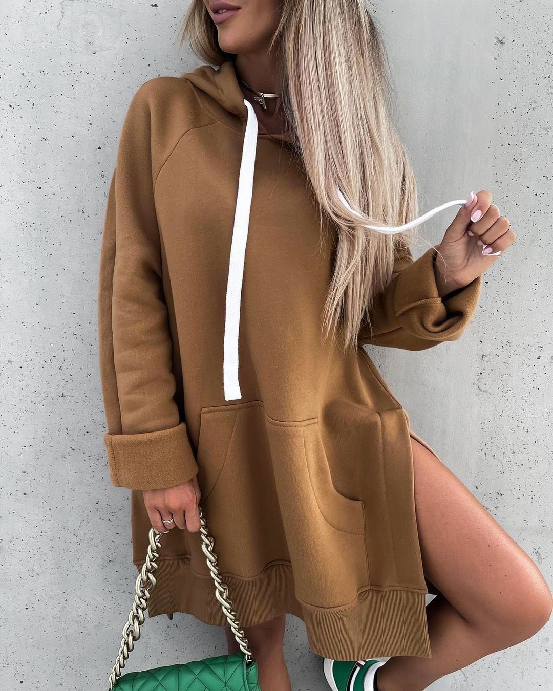 Women's Fleece Hooded Long-Sleeve Sweater with Slits